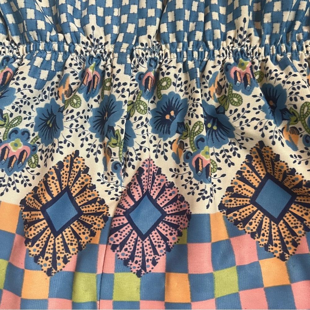 70s designer blue and pink floral and geometric long sleeve blouse Size 5 Small - Picture 6 of 9